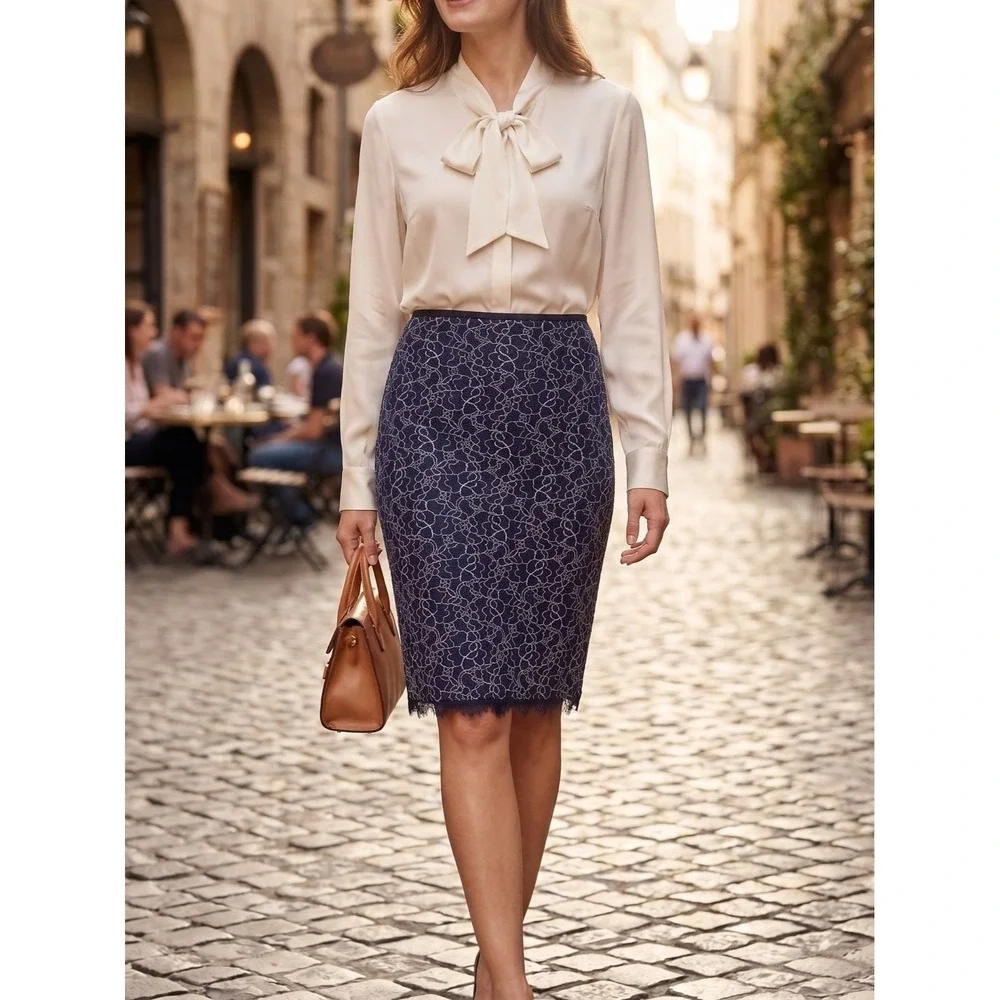 DVF Scotia Corded Lace Pencil Skirt Midnight Navy White NWT 0 2 4 $248